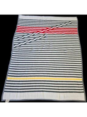 VTG Reversible Striped Blanket Dralon Germany Retro Mid-century Style Gray White